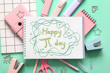 Composition with blank notebook and different school stationery on turquoise background, closeup