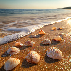 A tranquil beach scene featuring beautiful seashells scattered on the golden sand, with gentle waves lapping at the shore, illuminated by the warm glow of the setting sun.