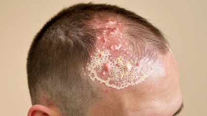 Close-up image of a scalp affected by a skin condition characterized by lesions, crusts, and inflammation.