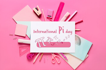 School supplies with paper sheet on pink background. Top view
