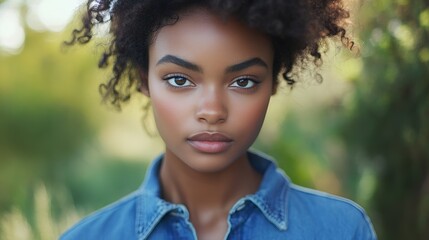 Focused Young African American Woman Posing in Casual Denim Jacket Against Simple Background