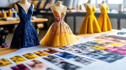 Fototapeta premium Fashion Dress Sketches Next to Colored Pencils and Fabric Samples in a Designer's Studio