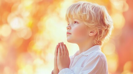 Fototapeta premium Young Blonde Boy Praying Earnestly Outdoors in a Serene Natural Setting with Soft Light