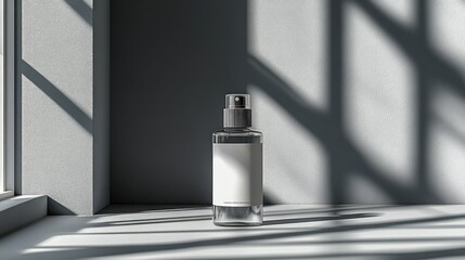 Clear spray bottle, sunlit window, mockup, minimalist