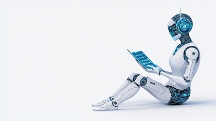 A futuristic robot reading a digital book, showcasing advanced technology and design.