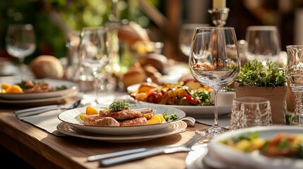 Elegant Table Setting Featuring Gourmet Food and Wine in a Luxurious Restaurant Atmosphere