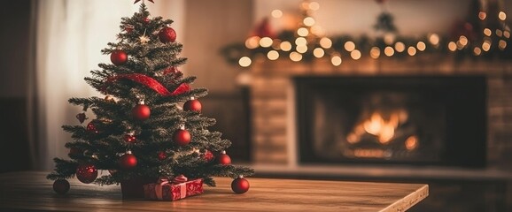 Small Christmas tree with red ornaments on a wooden table in front of a fireplace.