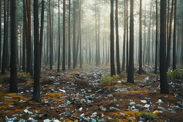 Plastic trash on a campsite in the forest. Nature pollution after tourists