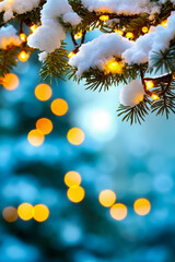 A close up of a pine tree branch covered in snow and lights