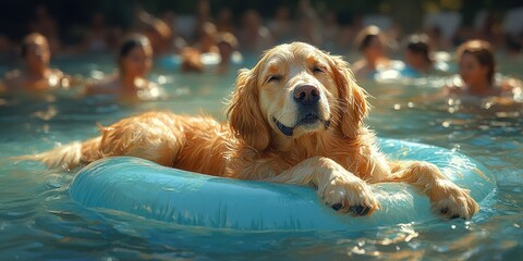 Golden retriever dog relaxing on blue pool float under sunlight enjoying summer leisure fun