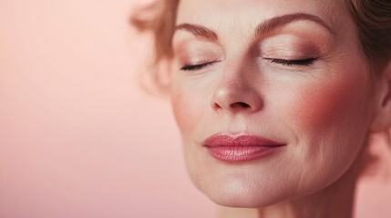 Fototapeta premium Mid-50s Woman with Closed Eyes Enjoying Peaceful Moment with Soft Smile
