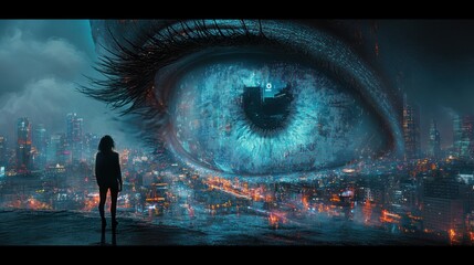 Futuristic Cityscape with Digital Eye Technology and Cyberpunk Aesthetic at Night