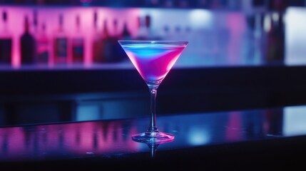 A classic martini glass with a neon blue and pink glow reflecting off the liquid, placed on a sleek black bar counter