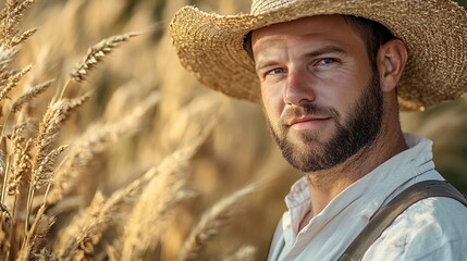 Fototapeta premium Portrait Photo of Male Farmer Wearing Straw Hat in a Wheat Field Under Sunlight