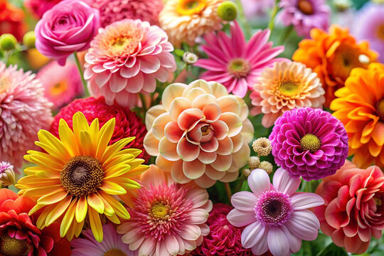 Colorful flower bouquet, garden, summer, vibrant, floral arrangement, close-up, background blur, greeting card