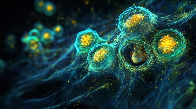 Glowing autophagosome engulfing damaged organelles visualizing the process of autophagy and cellular recycling