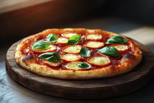 A classic Neapolitan pizza with puffy, charred crust, San Marzano tomato sauce, fresh mozzarella, and basil leaves, served on a rustic wooden plate