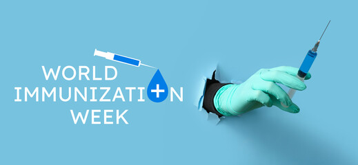 Doctor holding syringe with medicine visible through torn blue paper