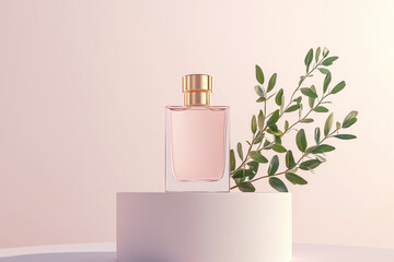 Bottle of perfume is displayed on a pedestal in front of a backdrop of flowers