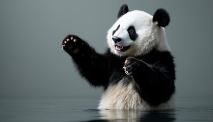 Obraz premium Panda Standing in Water Waving Hello Cute Mammal Conservation Image