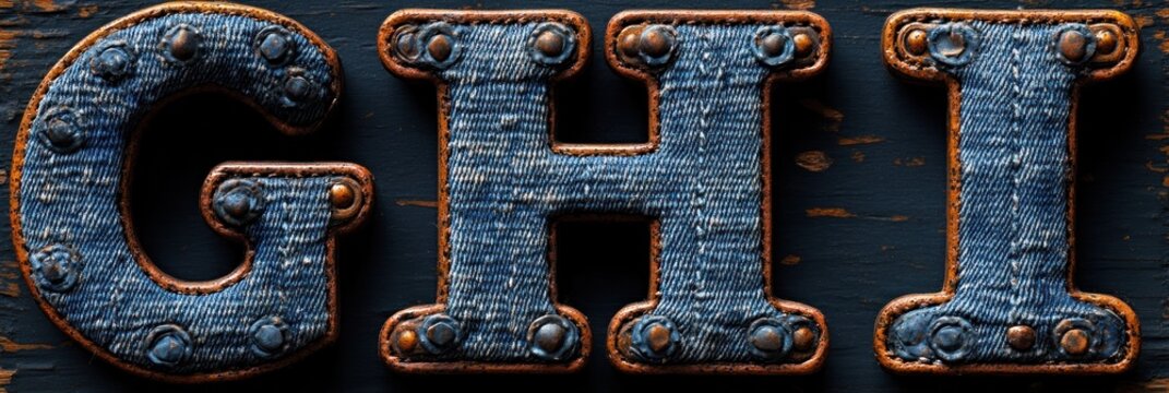 Realistic Denim Letters G H I with Rustic Background Photorealistic Texture and Detail