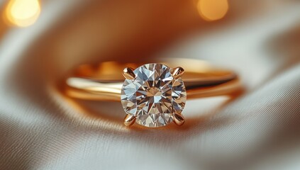 Elegant Gold Diamond Ring in Solitaire Style with Sparkling Gemstone on Satin Background