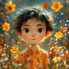 Whimsical Character Portrait Colorful Illustration Soft Lighting Floral Patterns