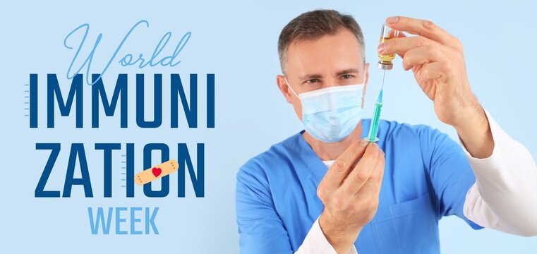 Mature doctor with vaccine on blue background. World Immunization Week