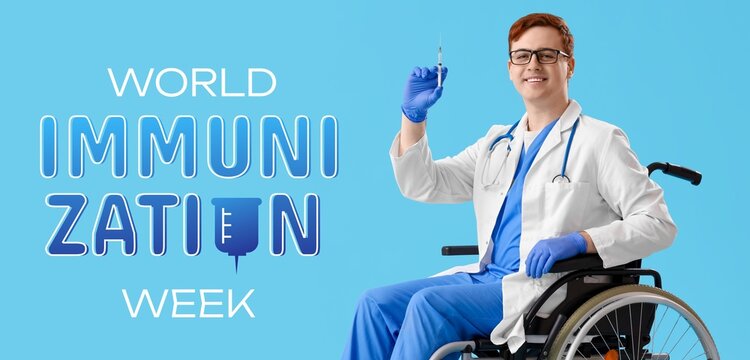 Male doctor in wheelchair and with vaccine on blue background. World Immunization Week