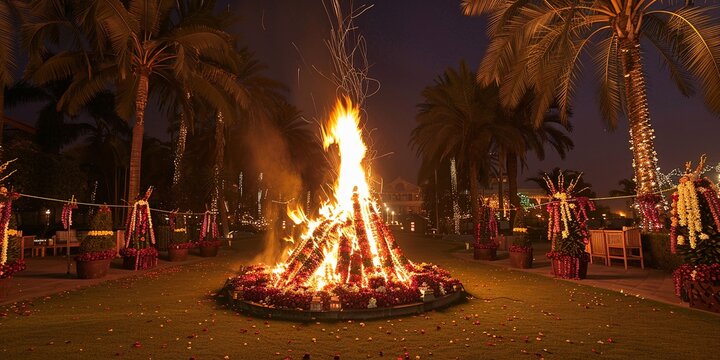 A large bonfire burns brightly at night, surrounded by palm trees and floral decorations. Warm light illuminates the scene.