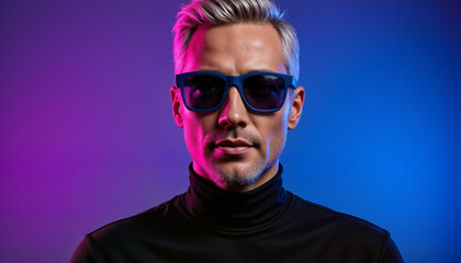 Obraz premium Confident man with platinum hair and blue sunglasses in minimalist black turtleneck against glowing gradient background