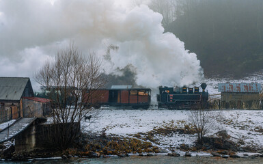 Steam locomotive navigates a snowy landscape, emitting clouds of smoke on a foggy day, with rustic buildings and a riverbank in the foreground.
