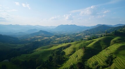 Fototapeta premium Lush green mountains under a clear blue sky, serene landscape showcasing rolling hills and vibrant nature, perfect for relaxation.