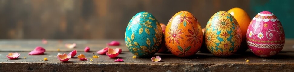 Brightly hued eggs with intricate designs on a rustic wooden surface, vibrant, graphics, spring eggs