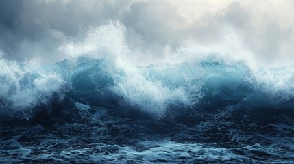 Obraz premium Turbulent ocean waves crashing under a cloudy sky, evoking nature's power.