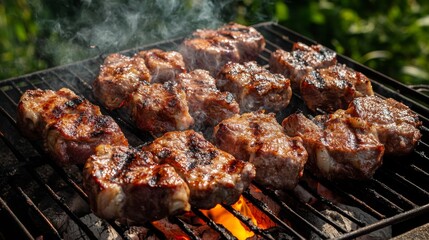 Grilling meat on an open flame with visible heat and smoke, outdoor BBQ setting