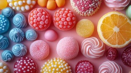 vibrant assortment of colorful sweets candies desserts overhead view confectionery background