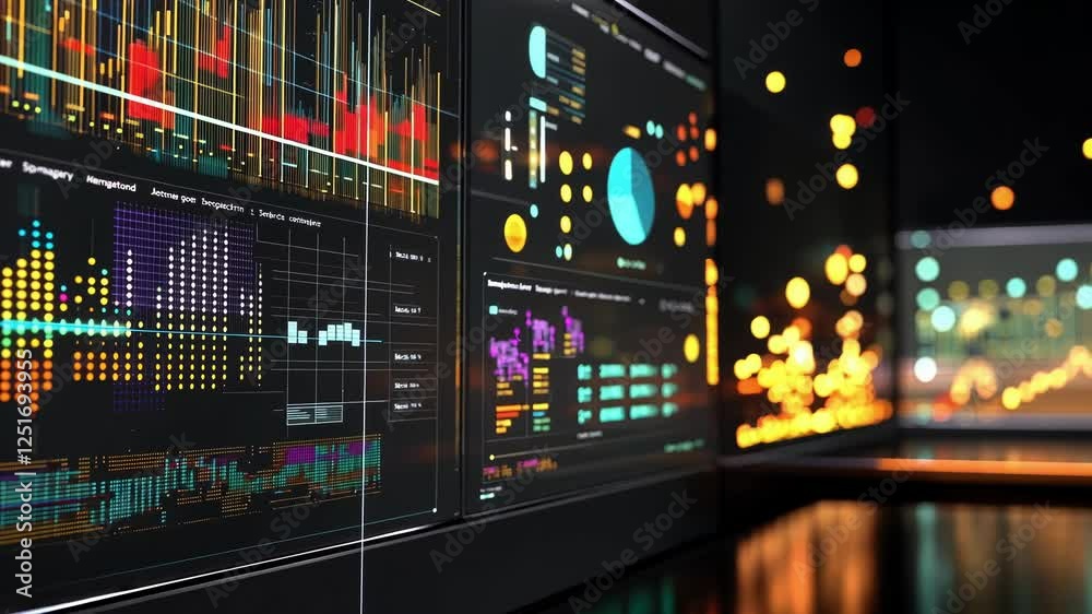 Poster big data processing and analysis represented by multiple screens showing colorful futuristic user in