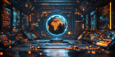 Futuristic Digital Globe with Holographic Screens and Global Connectivity