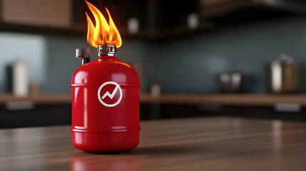 Red gas cylinder with flame symbol designed for home safety in kitchen areas, showcasing proper storage and handling protocols