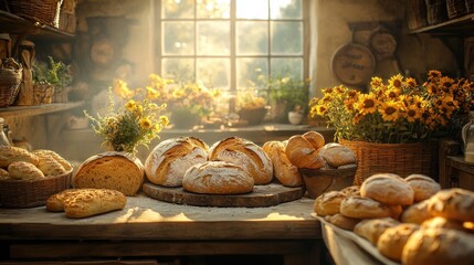 Young woman baker in cozy bakery shop baking fresh artisan bread and pastries with warm atmosphere and natural light