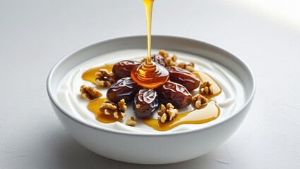 A bowl of Greek yogurt topped with honey, dates, and walnuts, set against a clean white background, evoking freshness and healthy indulgence.