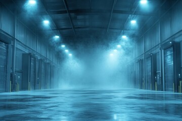 Eerie Blue-Lit Warehouse Foggy Night at Loading Docks