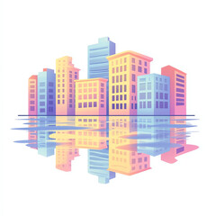 A vibrant illustration of a city skyline reflecting on water, showcasing colorful buildings in various shapes and sizes, perfect for modern design or urban lifestyle themes.
