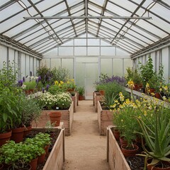 A serene greenhouse filled with lush medicinal plants, bathed in soft, filtered sunlight.