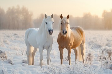 Majestic Winter Horses White  Palomino in Frosty Field