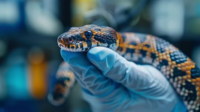 Close-Up of Vibrant Python Snake in Researcher's Gloved Hand, Scientific Observation