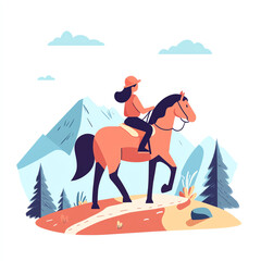 Obraz premium A vibrant illustration of a person riding a horse through a picturesque landscape featuring mountains and forests, embodying the essence of outdoor leisure and adventure.