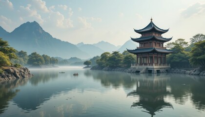 Misty mountain lake with Chinese temple and small boats
