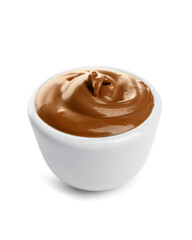 Bowl with delicious melted chocolate on white background